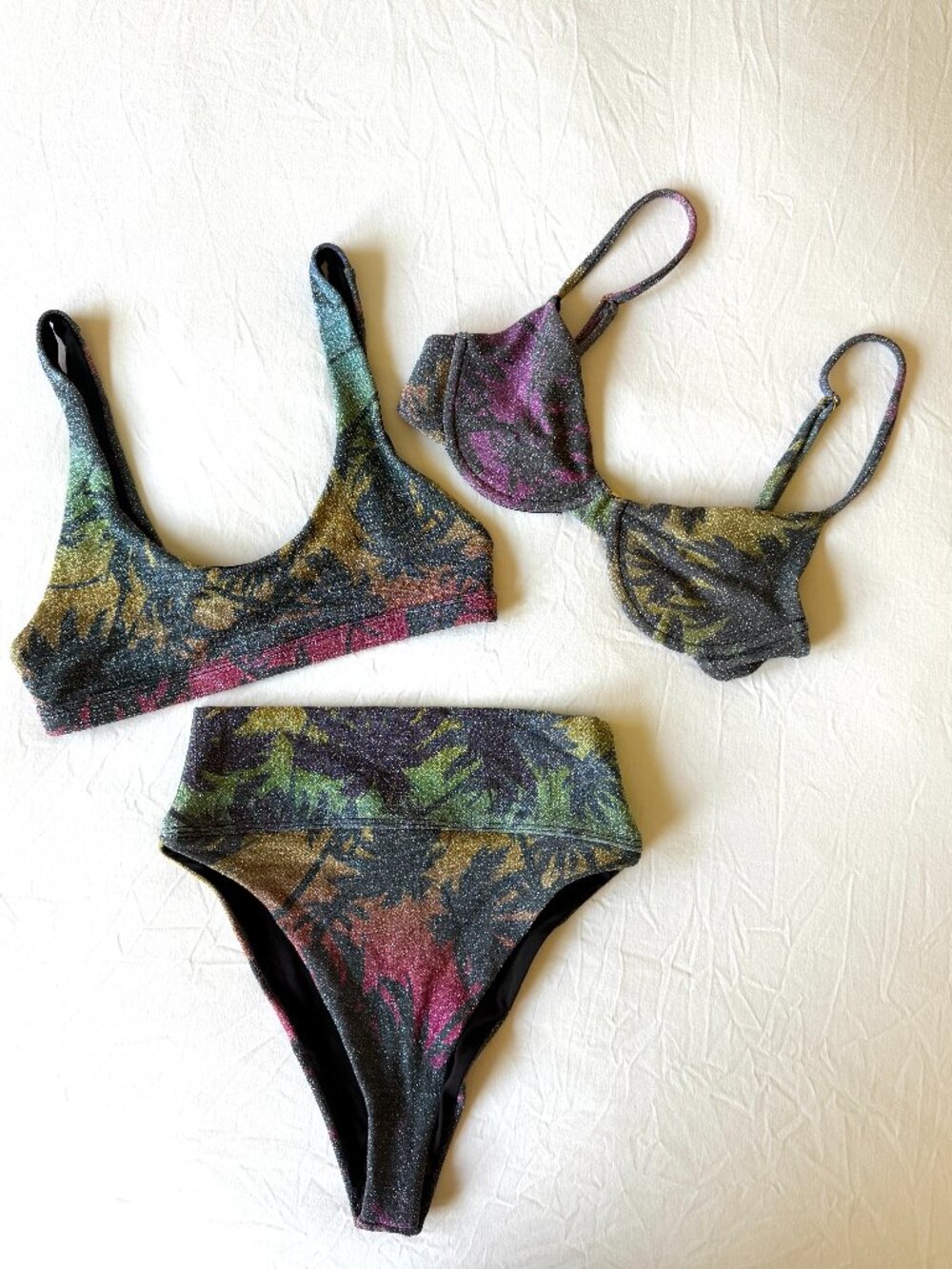 RARE 3pc Beach Riot x Revolve Bikini In Sparkly Rainbow Palm Madness Print - Picture 7 of 16